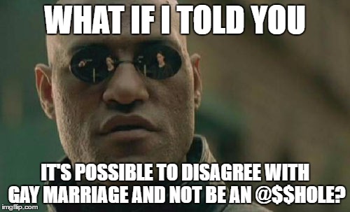 Matrix Morpheus | WHAT IF I TOLD YOU; IT'S POSSIBLE TO DISAGREE WITH GAY MARRIAGE AND NOT BE AN @$$HOLE? | image tagged in memes,matrix morpheus | made w/ Imgflip meme maker