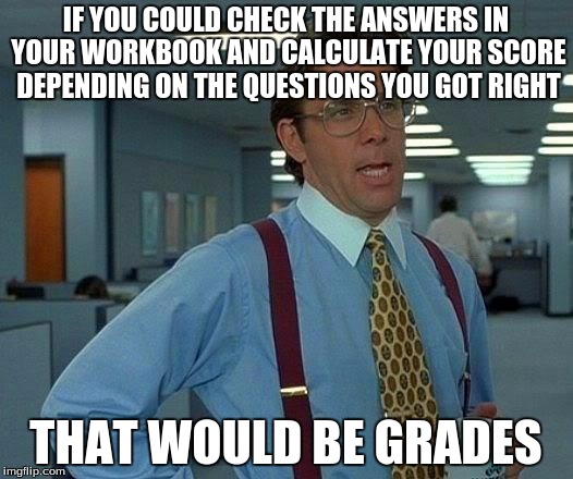 That Would Be Great | IF YOU COULD CHECK THE ANSWERS IN YOUR WORKBOOK AND CALCULATE YOUR SCORE DEPENDING ON THE QUESTIONS YOU GOT RIGHT; THAT WOULD BE GRADES | image tagged in memes,that would be great | made w/ Imgflip meme maker