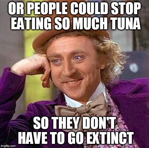 Creepy Condescending Wonka Meme | OR PEOPLE COULD STOP EATING SO MUCH TUNA SO THEY DON'T HAVE TO GO EXTINCT | image tagged in memes,creepy condescending wonka | made w/ Imgflip meme maker