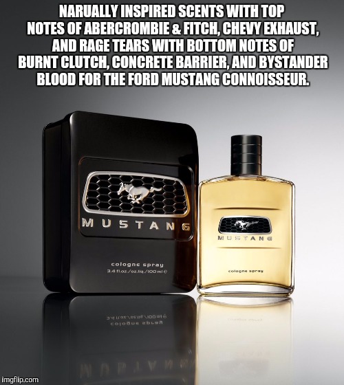 Mustang is Life | NARUALLY INSPIRED SCENTS WITH TOP NOTES OF ABERCROMBIE & FITCH, CHEVY EXHAUST, AND RAGE TEARS WITH BOTTOM NOTES OF BURNT CLUTCH, CONCRETE BARRIER, AND BYSTANDER BLOOD FOR THE FORD MUSTANG CONNOISSEUR. | image tagged in ford,mustang,racing,douchebag | made w/ Imgflip meme maker