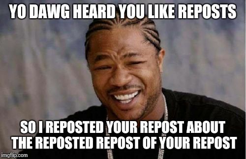 This is most definitely a repost of a repost | YO DAWG HEARD YOU LIKE REPOSTS; SO I REPOSTED YOUR REPOST ABOUT THE REPOSTED REPOST OF YOUR REPOST | image tagged in memes,yo dawg heard you,repost | made w/ Imgflip meme maker