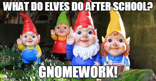 gnomes | WHAT DO ELVES DO AFTER SCHOOL? GNOMEWORK! | image tagged in gnomes | made w/ Imgflip meme maker
