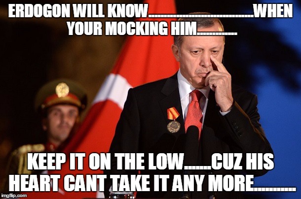 freedom of speech | ERDOGON WILL KNOW..................................WHEN YOUR MOCKING HIM............. KEEP IT ON THE LOW.......CUZ HIS HEART CANT TAKE IT ANY MORE........... | image tagged in erdogon | made w/ Imgflip meme maker