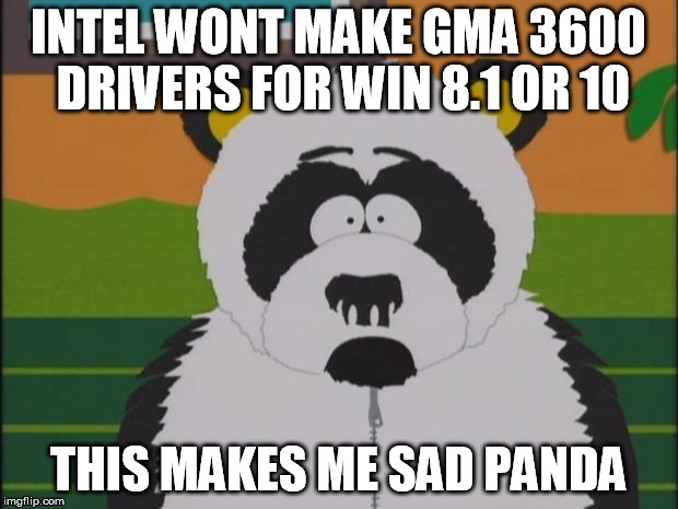 sad panda-south park | INTEL WONT MAKE GMA 3600 DRIVERS FOR WIN 8.1 OR 10; THIS MAKES ME SAD PANDA | image tagged in sad panda-south park | made w/ Imgflip meme maker