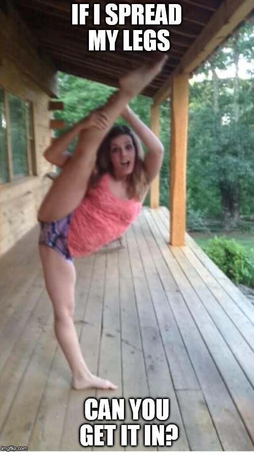 IF I SPREAD MY LEGS; CAN YOU GET IT IN? | image tagged in standing split girl | made w/ Imgflip meme maker