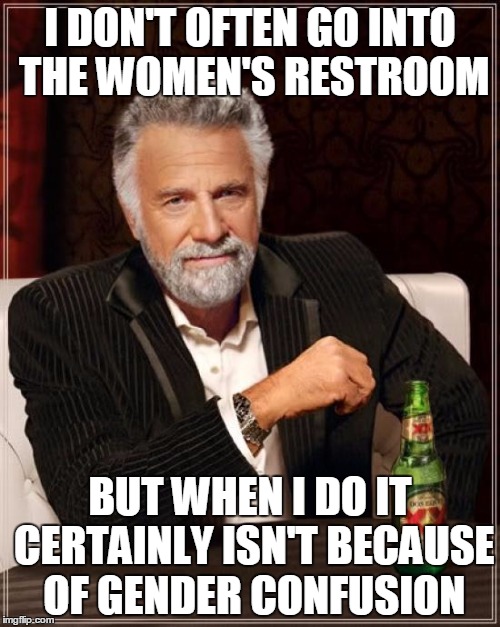 Risky Business | I DON'T OFTEN GO INTO THE WOMEN'S RESTROOM; BUT WHEN I DO IT CERTAINLY ISN'T BECAUSE OF GENDER CONFUSION | image tagged in memes,the most interesting man in the world,gender confusion,ladies room | made w/ Imgflip meme maker