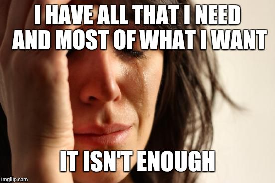 First World Problems | I HAVE ALL THAT I NEED AND MOST OF WHAT I WANT; IT ISN'T ENOUGH | image tagged in memes,first world problems | made w/ Imgflip meme maker