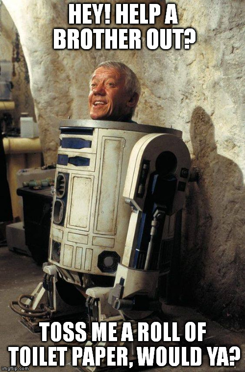 HEY! HELP A BROTHER OUT? TOSS ME A ROLL OF TOILET PAPER, WOULD YA? | image tagged in r2 d2 | made w/ Imgflip meme maker