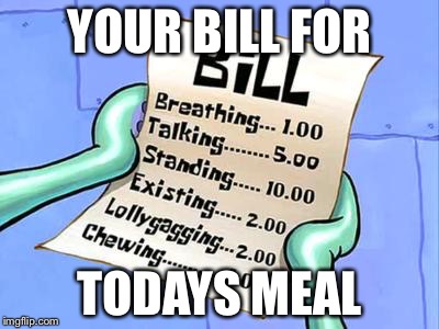 Spongebob Bill | YOUR BILL FOR; TODAYS MEAL | image tagged in spongebob bill | made w/ Imgflip meme maker