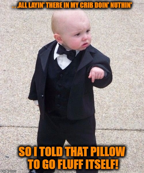 Baby Godfather | . . .ALL LAYIN' THERE IN MY CRIB DOIN' NUTHIN'; SO I TOLD THAT PILLOW TO GO FLUFF ITSELF! | image tagged in memes,baby godfather,lol,pillow,funny | made w/ Imgflip meme maker
