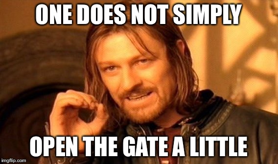 One Does Not Simply Meme | ONE DOES NOT SIMPLY OPEN THE GATE A LITTLE | image tagged in memes,one does not simply | made w/ Imgflip meme maker