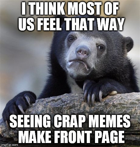 Confession Bear Meme | I THINK MOST OF US FEEL THAT WAY SEEING CRAP MEMES MAKE FRONT PAGE | image tagged in memes,confession bear | made w/ Imgflip meme maker