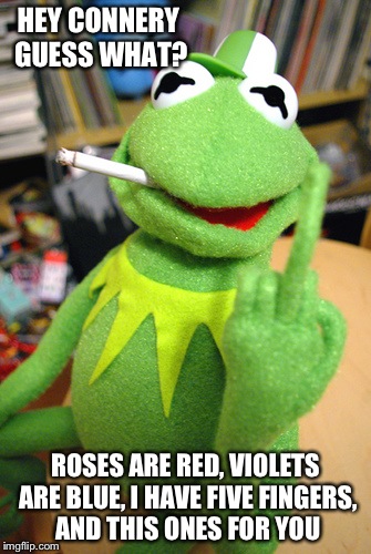Kermit finger | HEY CONNERY GUESS WHAT? ROSES ARE RED, VIOLETS ARE BLUE, I HAVE FIVE FINGERS, AND THIS ONES FOR YOU | image tagged in kermit finger | made w/ Imgflip meme maker