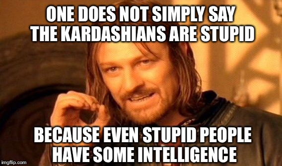 One Does Not Simply Meme | ONE DOES NOT SIMPLY SAY THE KARDASHIANS ARE STUPID BECAUSE EVEN STUPID PEOPLE HAVE SOME INTELLIGENCE | image tagged in memes,one does not simply | made w/ Imgflip meme maker