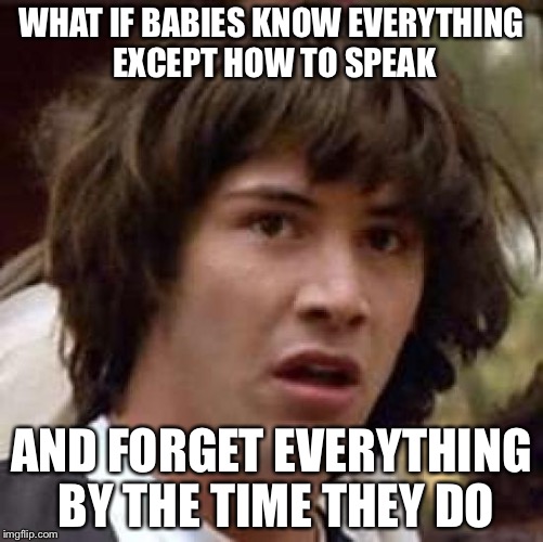 Conspiracy Keanu Meme | WHAT IF BABIES KNOW EVERYTHING EXCEPT HOW TO SPEAK; AND FORGET EVERYTHING BY THE TIME THEY DO | image tagged in memes,conspiracy keanu | made w/ Imgflip meme maker