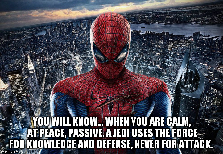 YOU WILL KNOW... WHEN YOU ARE CALM, AT PEACE, PASSIVE. A JEDI USES THE FORCE FOR KNOWLEDGE AND DEFENSE, NEVER FOR ATTACK. | made w/ Imgflip meme maker
