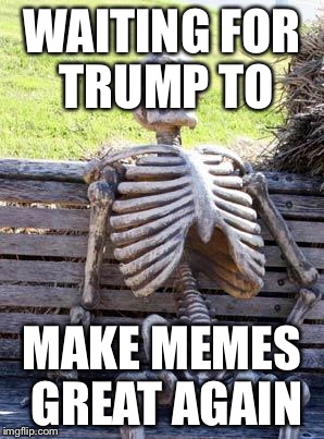 Waiting Skeleton Meme | WAITING FOR TRUMP TO MAKE MEMES GREAT AGAIN | image tagged in memes,waiting skeleton | made w/ Imgflip meme maker