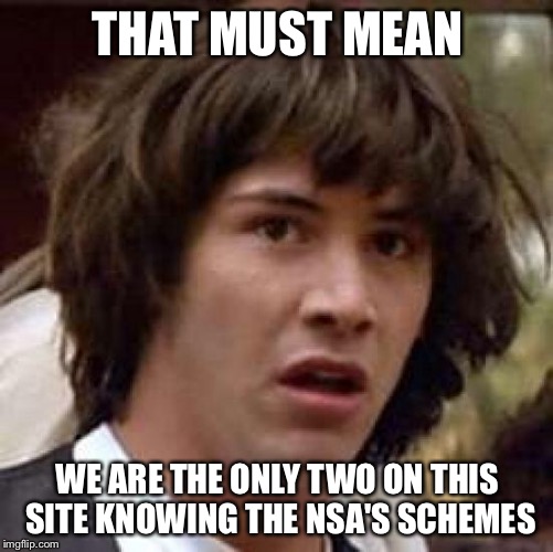 Conspiracy Keanu Meme | THAT MUST MEAN WE ARE THE ONLY TWO ON THIS SITE KNOWING THE NSA'S SCHEMES | image tagged in memes,conspiracy keanu | made w/ Imgflip meme maker