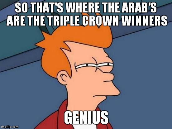Futurama Fry Meme | SO THAT'S WHERE THE ARAB'S ARE THE TRIPLE CROWN WINNERS GENIUS | image tagged in memes,futurama fry | made w/ Imgflip meme maker