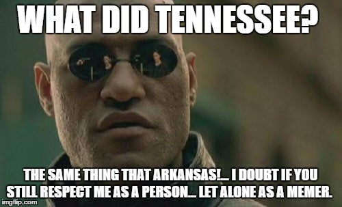 Matrix Morpheus Meme | WHAT DID TENNESSEE? THE SAME THING THAT ARKANSAS!... I DOUBT IF YOU STILL RESPECT ME AS A PERSON... LET ALONE AS A MEMER. | image tagged in memes,matrix morpheus | made w/ Imgflip meme maker