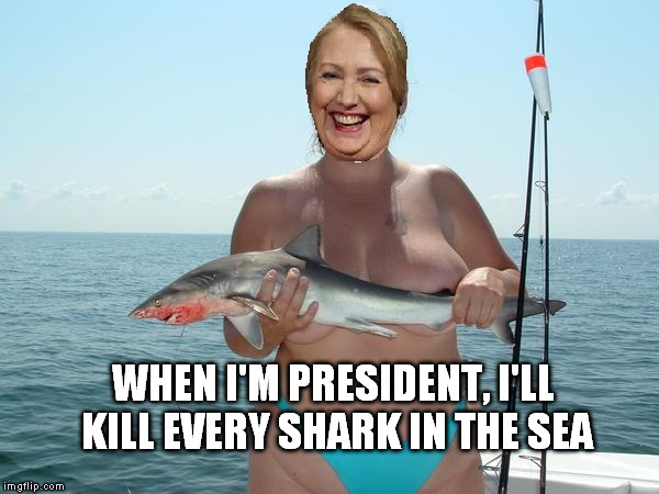 Hillary hears that black people are terrified of sharks | WHEN I'M PRESIDENT, I'LL KILL EVERY SHARK IN THE SEA | image tagged in funny | made w/ Imgflip meme maker