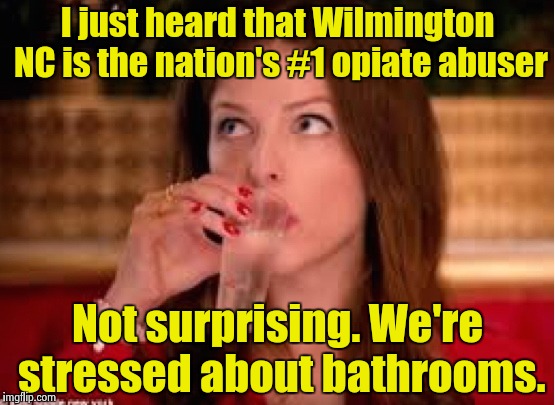 We've been in the news more in the past month than the whole of last year | I just heard that Wilmington NC is the nation's #1 opiate abuser; Not surprising. We're stressed about bathrooms. | image tagged in none of anna's business,bathroom law,drugs,north carolina | made w/ Imgflip meme maker