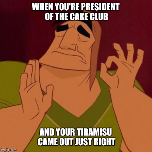 Pacha perfect | WHEN YOU'RE PRESIDENT OF THE CAKE CLUB; AND YOUR TIRAMISU CAME OUT JUST RIGHT | image tagged in pacha perfect | made w/ Imgflip meme maker