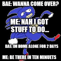 Sanic | BAE: WANNA COME OVER? ME: NAH I GOT STUFF TO DO... BAE: IM HOME ALONE FOR 2 DAYS; ME: BE THERE IN TEN MINUETS | image tagged in sanic | made w/ Imgflip meme maker