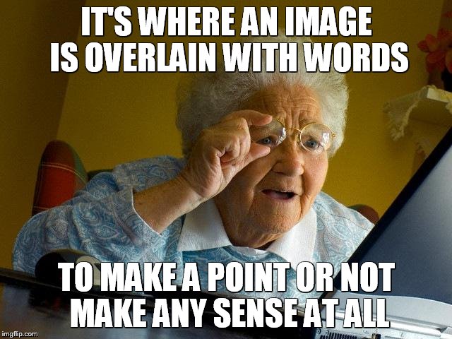 Someone on facebook asked what a meme is..... | IT'S WHERE AN IMAGE IS OVERLAIN WITH WORDS; TO MAKE A POINT OR NOT MAKE ANY SENSE AT ALL | image tagged in memes,grandma finds the internet | made w/ Imgflip meme maker