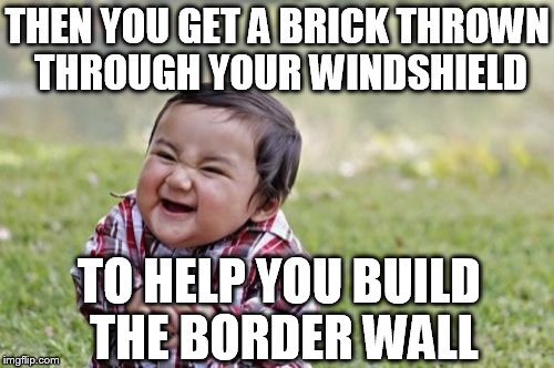 Evil Toddler Meme | THEN YOU GET A BRICK THROWN THROUGH YOUR WINDSHIELD TO HELP YOU BUILD THE BORDER WALL | image tagged in memes,evil toddler | made w/ Imgflip meme maker