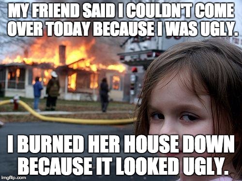 Disaster Girl | MY FRIEND SAID I COULDN'T COME OVER TODAY BECAUSE I WAS UGLY. I BURNED HER HOUSE DOWN BECAUSE IT LOOKED UGLY. | image tagged in memes,disaster girl | made w/ Imgflip meme maker