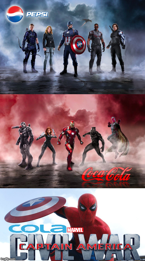 Cola Wars  | image tagged in marvel civil war,spiderman,captain america,iron man,black panther | made w/ Imgflip meme maker