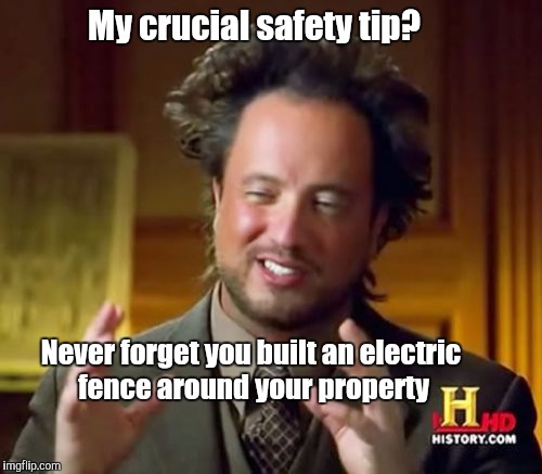 Ancient Aliens Meme | My crucial safety tip? Never forget you built an electric fence around your property | image tagged in memes,ancient aliens | made w/ Imgflip meme maker
