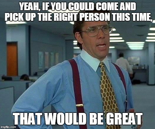 That Would Be Great Meme | YEAH, IF YOU COULD COME AND PICK UP THE RIGHT PERSON THIS TIME, THAT WOULD BE GREAT | image tagged in memes,that would be great | made w/ Imgflip meme maker