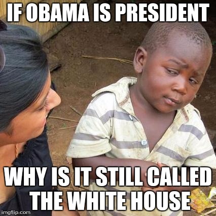 Third World Skeptical Kid | IF OBAMA IS PRESIDENT; WHY IS IT STILL CALLED THE WHITE HOUSE | image tagged in memes,third world skeptical kid | made w/ Imgflip meme maker