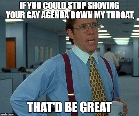 I don't have any opinion like those idiots in Louisiana, but here's a quote someone said today in school to our teacher. | IF YOU COULD STOP SHOVING YOUR GAY AGENDA DOWN MY THROAT, THAT'D BE GREAT | image tagged in memes,that would be great | made w/ Imgflip meme maker