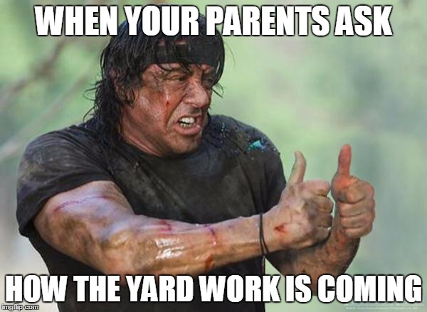 Sylvester Stallone Thumbs Up | WHEN YOUR PARENTS ASK; HOW THE YARD WORK IS COMING | image tagged in sylvester stallone thumbs up | made w/ Imgflip meme maker