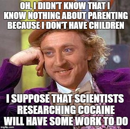 Creepy Condescending Wonka Meme | OH, I DIDN'T KNOW THAT I KNOW NOTHING ABOUT PARENTING BECAUSE I DON'T HAVE CHILDREN I SUPPOSE THAT SCIENTISTS RESEARCHING COCAINE WILL HAVE  | image tagged in memes,creepy condescending wonka | made w/ Imgflip meme maker
