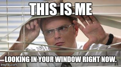 Dwight Schrute Looking | THIS IS ME; LOOKING IN YOUR WINDOW RIGHT NOW. | image tagged in dwight schrute looking | made w/ Imgflip meme maker