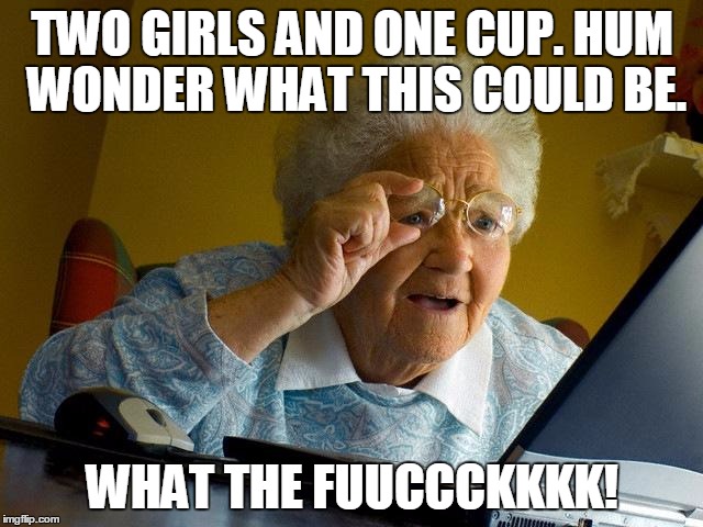 Grandma Finds The Internet Meme | TWO GIRLS AND ONE CUP. HUM WONDER WHAT THIS COULD BE. WHAT THE FUUCCCKKKK! | image tagged in memes,grandma finds the internet | made w/ Imgflip meme maker