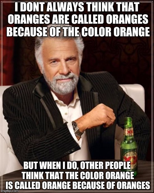 The Most Interesting Man In The World | I DONT ALWAYS THINK THAT ORANGES ARE CALLED ORANGES BECAUSE OF THE COLOR ORANGE; BUT WHEN I DO, OTHER PEOPLE THINK THAT THE COLOR ORANGE IS CALLED ORANGE BECAUSE OF ORANGES | image tagged in memes,the most interesting man in the world | made w/ Imgflip meme maker