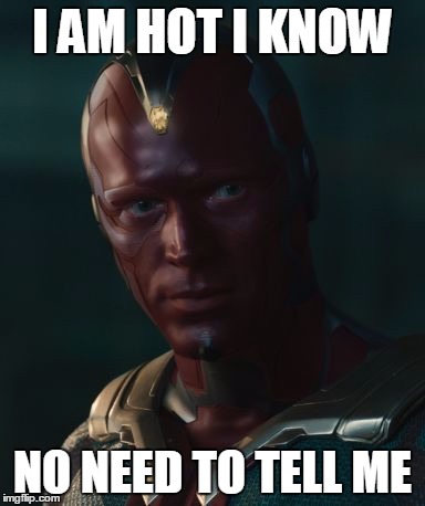 Vision | I AM HOT I KNOW; NO NEED TO TELL ME | image tagged in vision | made w/ Imgflip meme maker