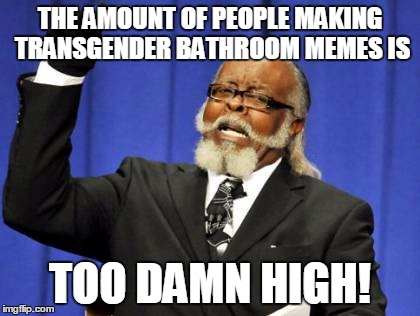I'm Honestly Getting Pretty Sick Of Seeing These Memes | THE AMOUNT OF PEOPLE MAKING TRANSGENDER BATHROOM MEMES IS; TOO DAMN HIGH! | image tagged in memes,too damn high,transgender,bathroom,when will it end,i'm getting tired of seeing them | made w/ Imgflip meme maker