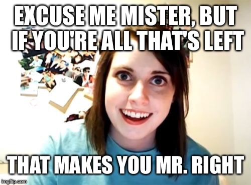 EXCUSE ME MISTER, BUT IF YOU'RE ALL THAT'S LEFT THAT MAKES YOU MR. RIGHT | made w/ Imgflip meme maker