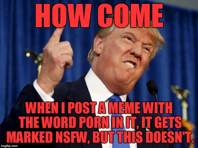 HOW COME WHEN I POST A MEME WITH THE WORD PORN IN IT, IT GETS MARKED NSFW, BUT THIS DOESN'T. | image tagged in donald trump angry | made w/ Imgflip meme maker
