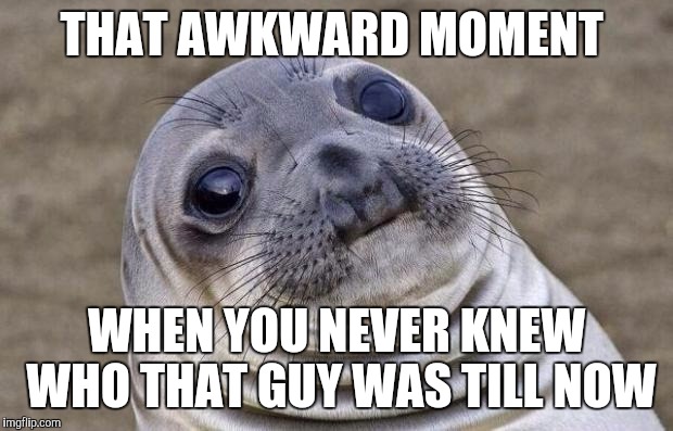 Awkward Moment Sealion Meme | THAT AWKWARD MOMENT WHEN YOU NEVER KNEW WHO THAT GUY WAS TILL NOW | image tagged in memes,awkward moment sealion | made w/ Imgflip meme maker