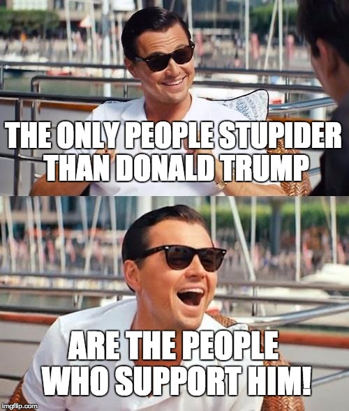 You have to be an idiot to do that... a real idiot. | THE ONLY PEOPLE STUPIDER THAN DONALD TRUMP; ARE THE PEOPLE WHO SUPPORT HIM! | image tagged in memes,leonardo dicaprio wolf of wall street | made w/ Imgflip meme maker