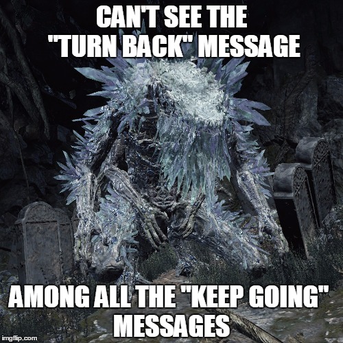 Keep Going | CAN'T SEE THE "TURN BACK" MESSAGE; AMONG ALL THE "KEEP GOING"; MESSAGES | image tagged in dark souls,crystal lizard,git gud | made w/ Imgflip meme maker