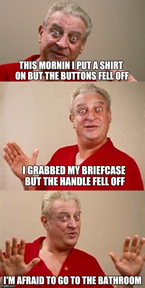 bad pun Dangerfield  | THIS MORNIN I PUT A SHIRT ON BUT THE BUTTONS FELL OFF; I GRABBED MY BRIEFCASE BUT THE HANDLE FELL OFF; I'M AFRAID TO GO TO THE BATHROOM | image tagged in bad pun dangerfield | made w/ Imgflip meme maker