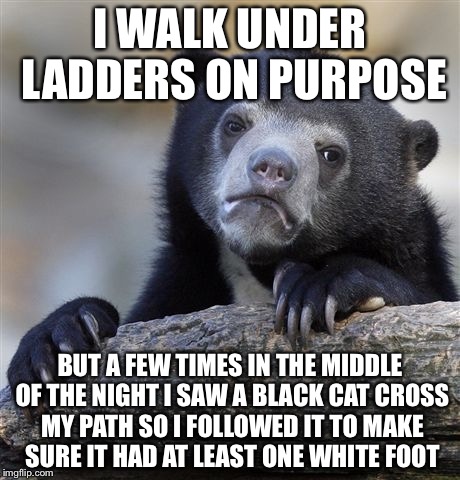 Confession Bear Meme | I WALK UNDER LADDERS ON PURPOSE BUT A FEW TIMES IN THE MIDDLE OF THE NIGHT I SAW A BLACK CAT CROSS MY PATH SO I FOLLOWED IT TO MAKE SURE IT  | image tagged in memes,confession bear | made w/ Imgflip meme maker